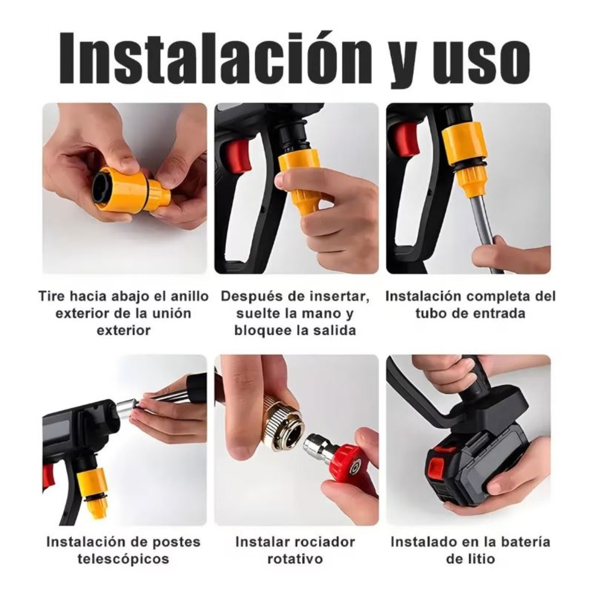 Guía visual de conexión de manguera, boquilla y batería